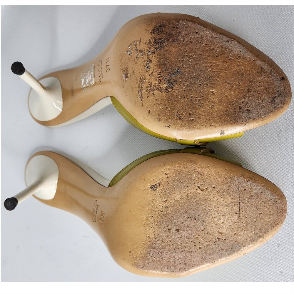 GUCCI vintage 37.5 mustard Leather LOGO Horsebit Stiletto Sandals Slides Authent - Picture 2 of 5